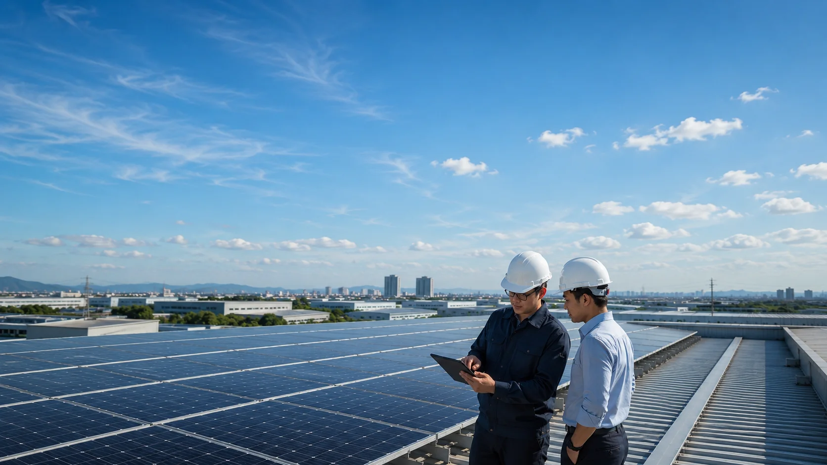 วิศวกร STJ Solar Energy สองคนตรวจสอบระบบโซล่าเซลล์บนหลังคาโรงงาน